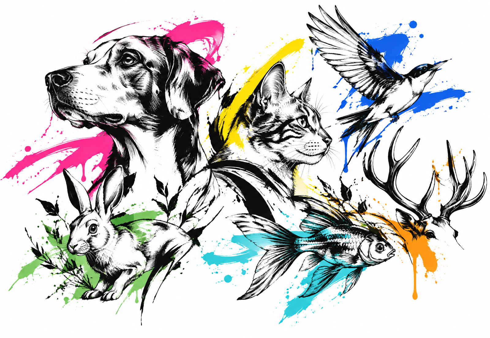 Expressive line art of a dog, cat, bird, rabbit, fish and deer with bright painted marks